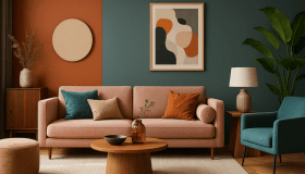 Σαλόνι με μοντέρνα και κλασικά χρώματα σε φυσικό φωτισμό