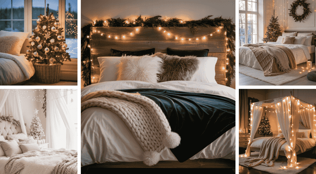 Δημιούργησε μια ρομαντική χριστουγεννιάτικη κρεβατοκάμαρα με απαλό φωτισμό, μαλακά υφάσματα και διακριτική διακόσμηση