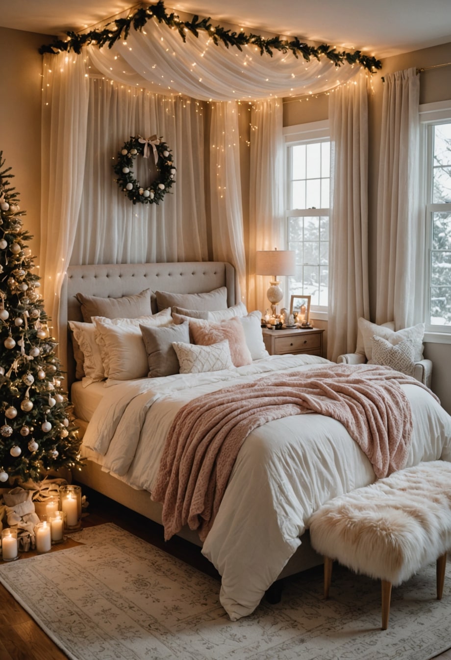 Δημιούργησε μια ρομαντική χριστουγεννιάτικη κρεβατοκάμαρα με απαλό φωτισμό, μαλακά υφάσματα και διακριτική διακόσμηση