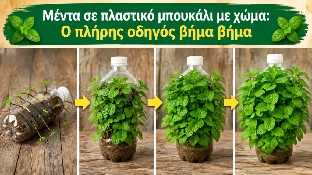 Μέντα σε πλαστικό μπουκάλι με χώμα