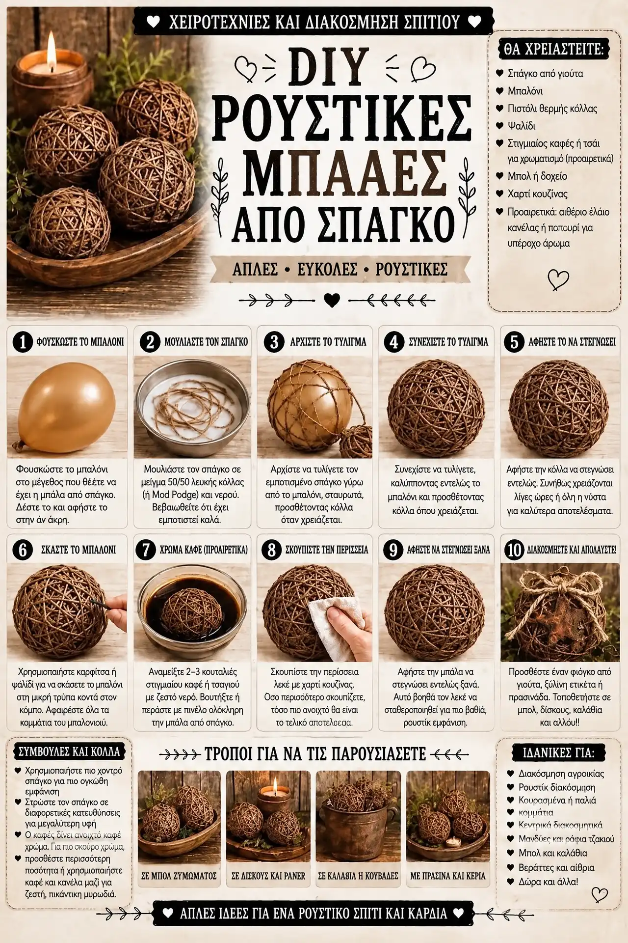 Μπάλες από σπάγκο: Πώς να φτιάξετε παλαιωμένες διακοσμητικές μπάλες σε 10 απλά βήματα